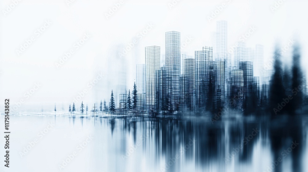 Fototapeta premium Soft Focus Cityscape with Tall Buildings and Reflections in Water at Dusk
