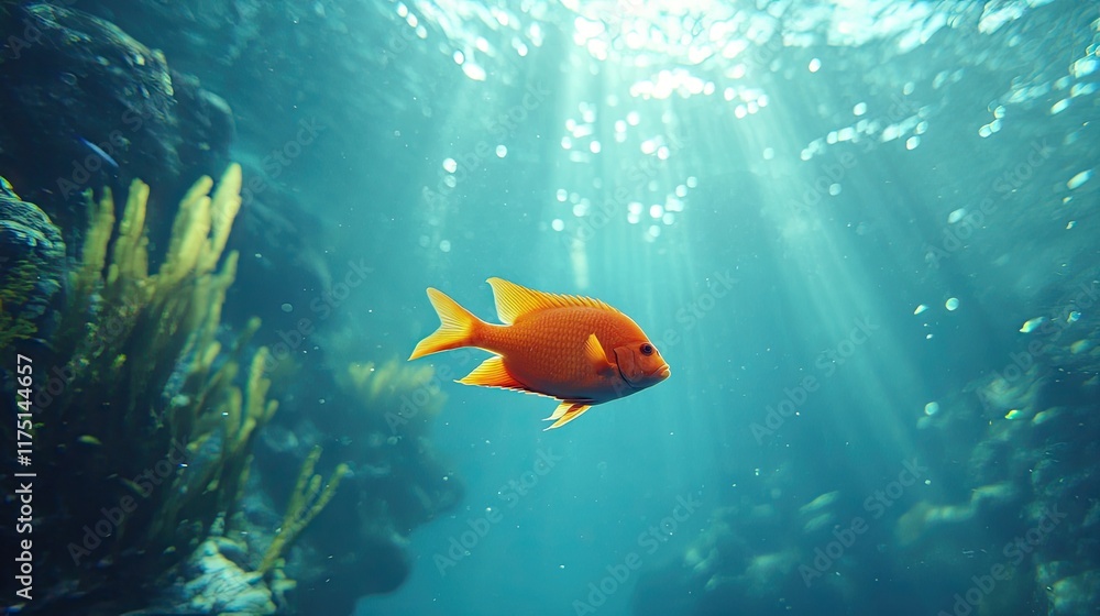 Naklejka premium An orange fish swims gracefully in a sunlit underwater scene, surrounded by aquatic plants.