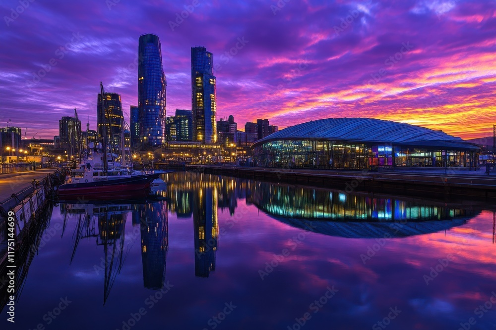 Fototapeta premium Modern Container Terminal at Sunset with City Skyline