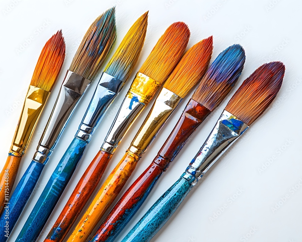 Fototapeta premium Vibrant Paintbrush Set Capturing Creativity and Vivid Colors on Isolated White Background