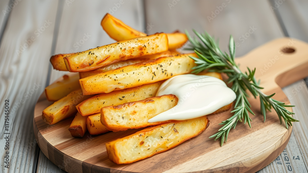 Homemade Baked Potato Fries with Mayonnaise and rosemary on wooden board. Generative AI Homemade Baked Potato Fries with Mayonnaise and rosemary on wooden board. Generative AI