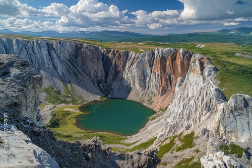 Aerial view of furano national park highlighting inuit culture amidst stunning cliffs and lake photo