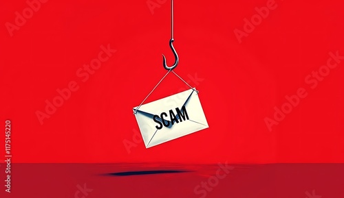 Mail or Letter Hanging on a Fishing Hook on Red Background – Phishing Scam Email Concept