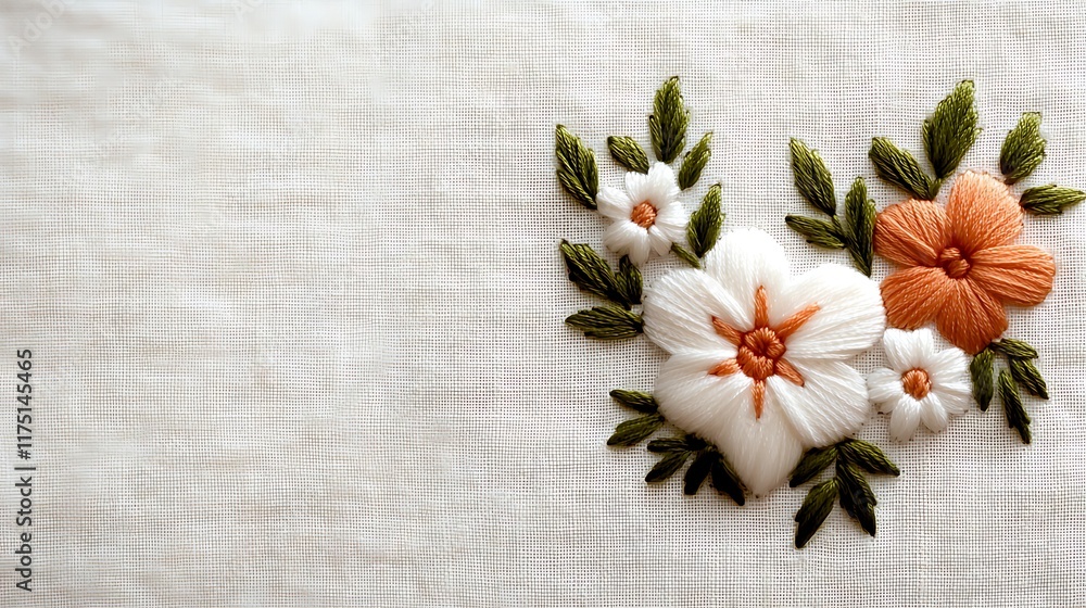 Elegant Hand-Embroidered Floral Design on Fabric - Handmade Elegant Hand-Embroidered Floral Design on Fabric - Handmade