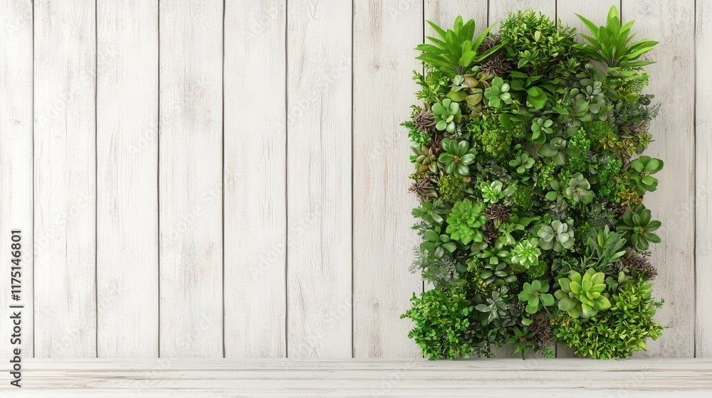 Fototapeta premium Lush Green Vertical Garden Against White Wooden Background for Interior Decor