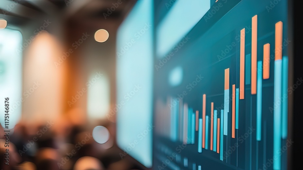 Close-up of a large screen displaying bar charts and graphs during a business presentation with a blurred audience in the background. Close-up of a large screen displaying bar charts and graphs during a business presentation with a blurred audience in the background.