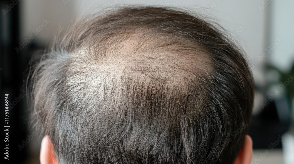 A person with a receding hairline, showcasing a prominent bald spot at the back of their head. A person with a receding hairline, showcasing a prominent bald spot at the back of their head.