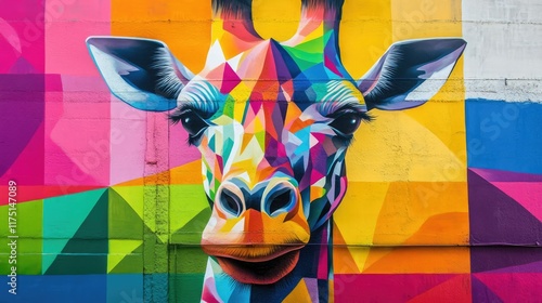 A colorful mural on a brick wall depicts a vibrant, geometric giraffe. photo