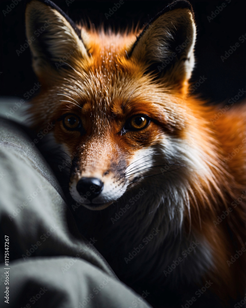 Fototapeta premium Stunning orange fox in professional quality portrait set against dark shadows