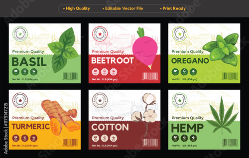 Basil Beetroot label Oregano Turmeric packaging design Cotton Hemp oil set template design spice vegetable herbs food premium quality print ready editable vector packaging design layout collection