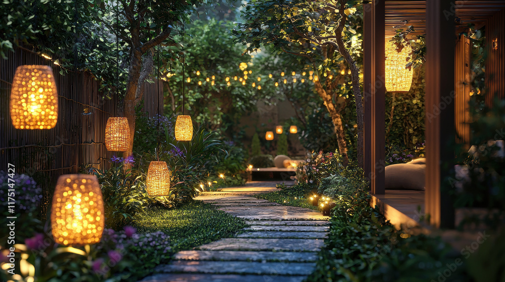 Fototapeta premium Cozy garden with solar powered lights and lush greenery
