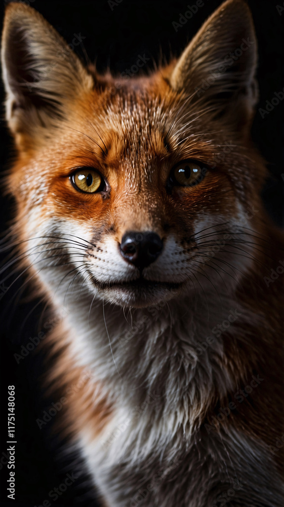 Vibrant portrait of an orange fox in professional shot with intense dark backdrop Vibrant portrait of an orange fox in professional shot with intense dark backdrop