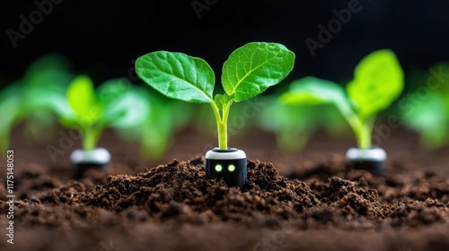 Green Seedlings Growing in Rich Soil with Robots for Automated Gardening Solutions photo