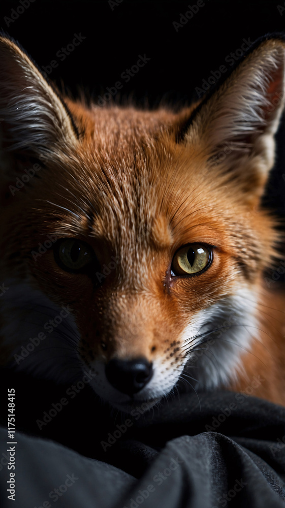 Fototapeta premium Artistic professionally captured shot of orange fox with contrasting dark backdrop