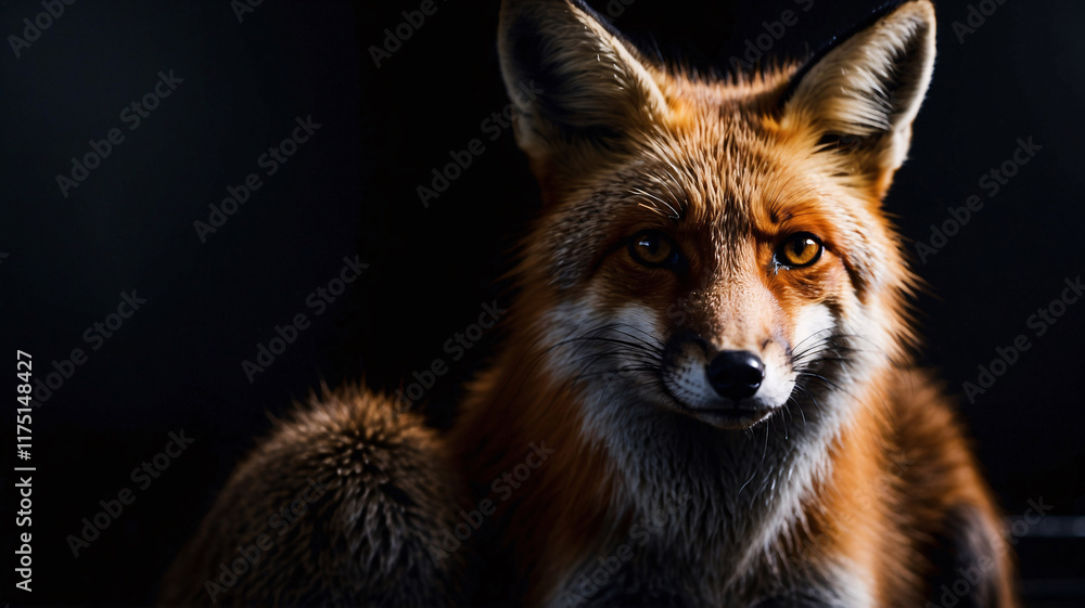 Fototapeta premium Beautiful professional photo of a vibrant orange fox with shadowy backdrop