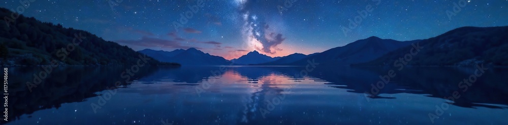 Fototapeta premium Reflections of stars on calm lake surface at night, water, reflection, calm