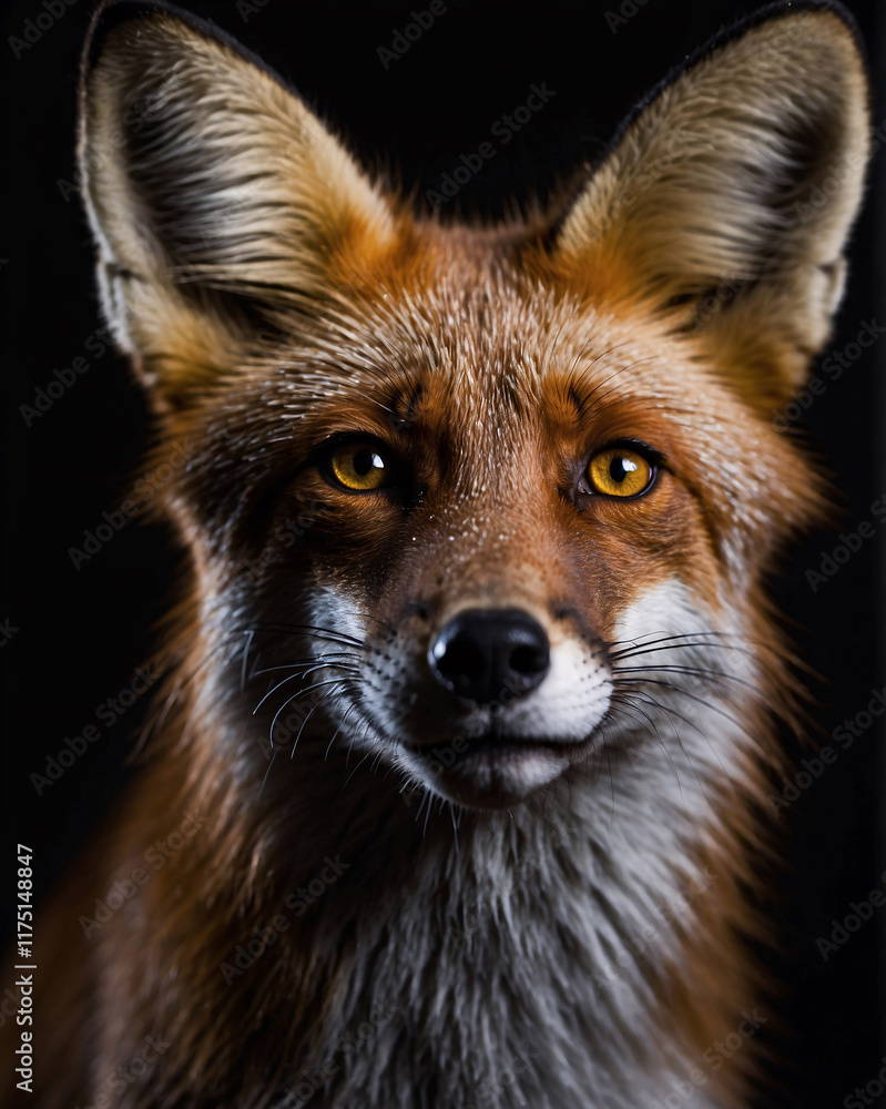 Fototapeta premium Close up photo of an orange fox in natural setting dark background sharp focus