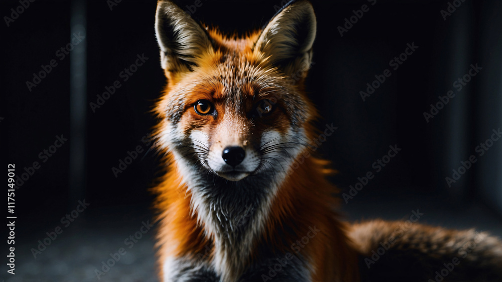 Fototapeta premium Close up wildlife photo of orange fox in professional style with dark shadowed background