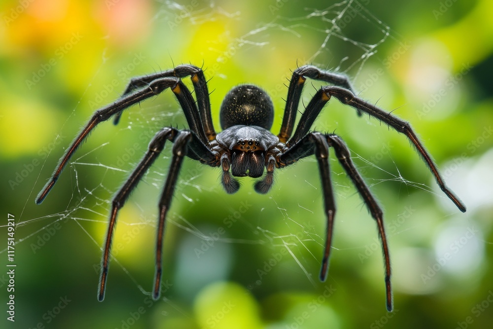 Close up of a spider weaving its web at dusk, with sunlight glinting in a blurred garden scene. Close up of a spider weaving its web at dusk, with sunlight glinting in a blurred garden scene.