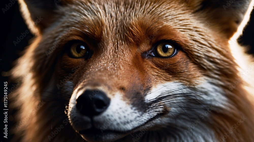 Fototapeta premium Dark background orange fox portrait shot professionally with high definition lighting