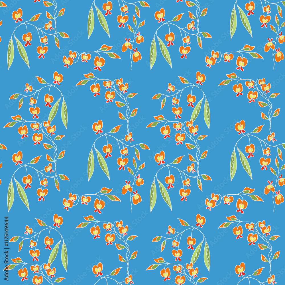 Naklejka premium Orange pea flowers on blue background repeat pattern