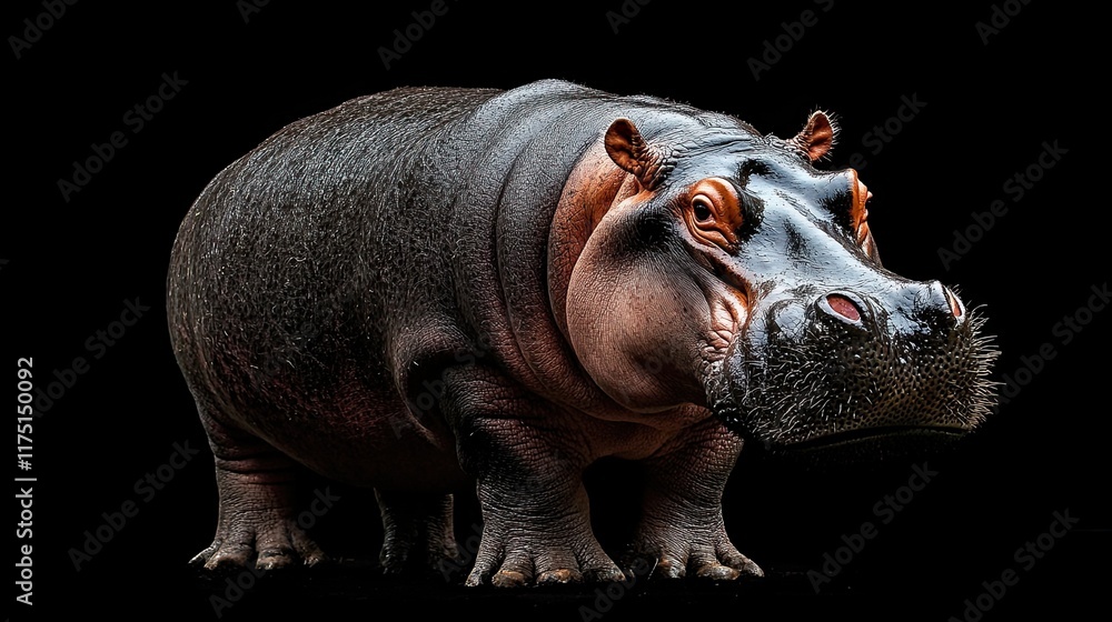A hippo isolated on a black background, showcasing its large form and imposing presencedca A hippo isolated on a black background, showcasing its large form and imposing presencedca