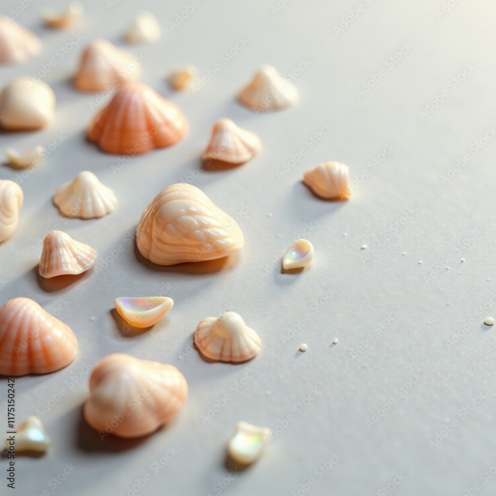 Soft iridescent shell fragments scattered on a delicate ivory surface, shell, ivory