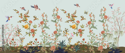3d wallpaper design with branches, birds and flowers for digital wall print