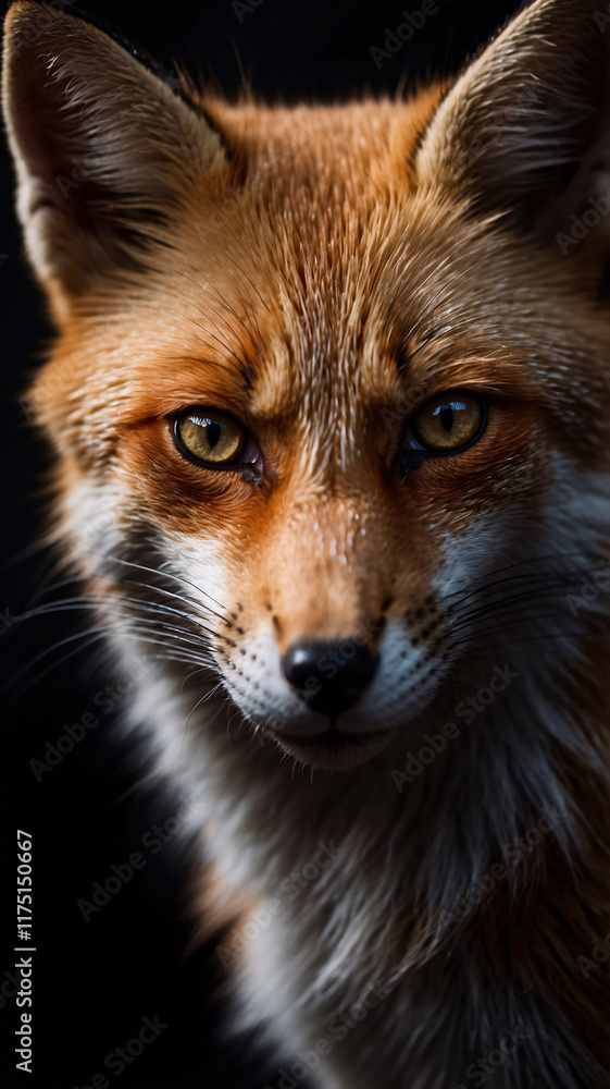 In depth shot of an orange fox against a striking dark background in professional photo quality In depth shot of an orange fox against a striking dark background in professional photo quality