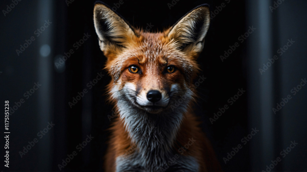 Fototapeta premium Mesmerizing orange fox in low light photo session with professional focus on dark background