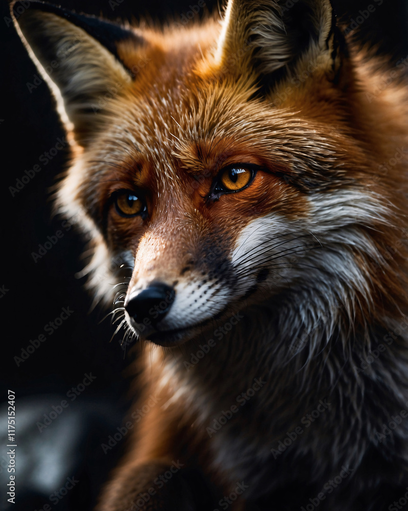Fototapeta premium Professionally taken portrait of an orange fox with shadowed moody background