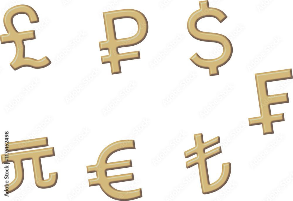 Obraz premium Golden coin Dollar, Pound, Franc, Lira, Euro and Yuan Renminbi 3D currency with transparent background. Money icon business and financial exchange illustration for stock market. PNG 