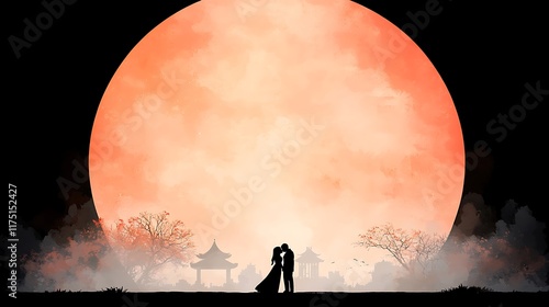 Romantic Couple Silhouette, Moonlit Asian Scene - Watercolor Textures photo