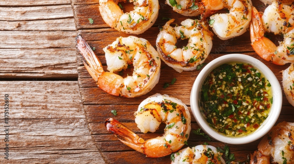 Close-up of steaming hot shrimp with charred shells, placed on a rustic wooden surface with herbs and a bowl of tangy dipping sauce Close-up of steaming hot shrimp with charred shells, placed on a rustic wooden surface with herbs and a bowl of tangy dipping sauce