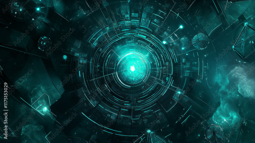 Obraz premium Futuristic digital vortex with glowing teal center