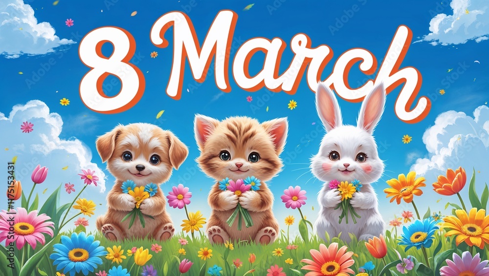 Obraz premium Cute puppy, kitten, and bunny with flowers celebrating 8 March