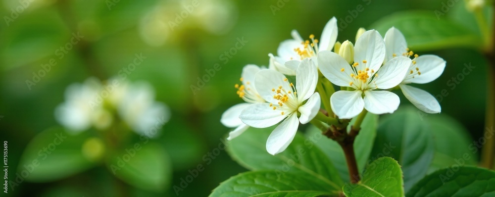 White flower clusters on Philadelphus inodorus shrub, woody stem, white blooms White flower clusters on Philadelphus inodorus shrub, woody stem, white blooms