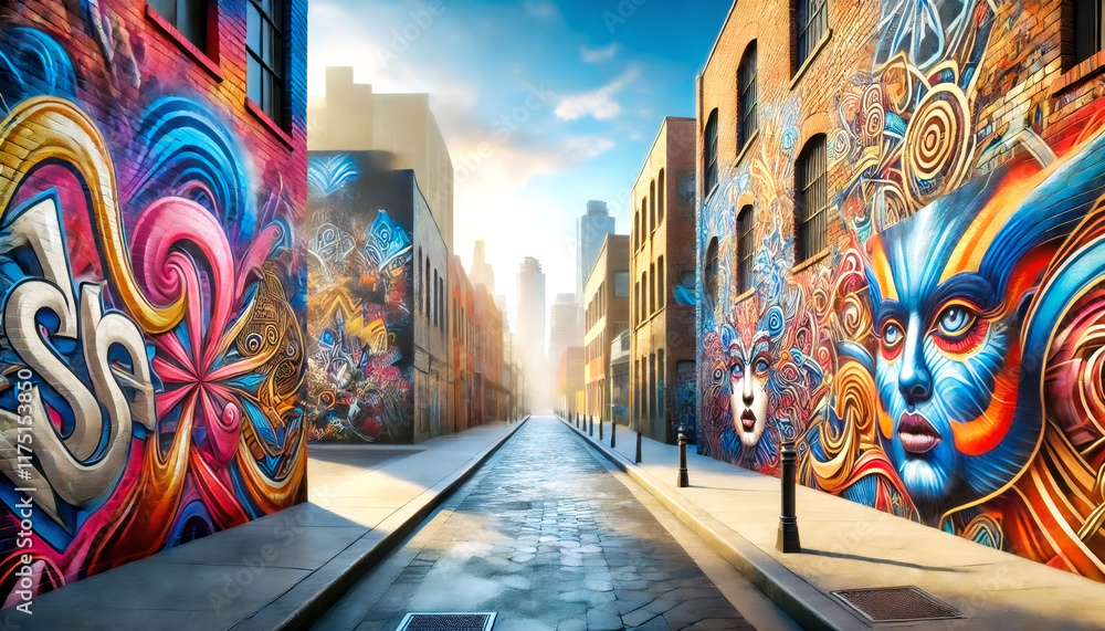 Obraz premium A vibrant urban street filled with colourful graffiti, murals, and artistic expressions on brick walls, set against a glowing cityscape background.