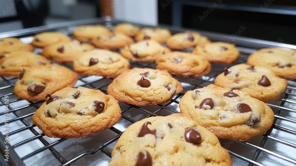 Freshly baked cookies cooling on a tray, with chocolate chips melting and a tempting golden-brown color. Freshly baked cookies cooling on a tray, with chocolate chips melting and a tempting golden-brown color.