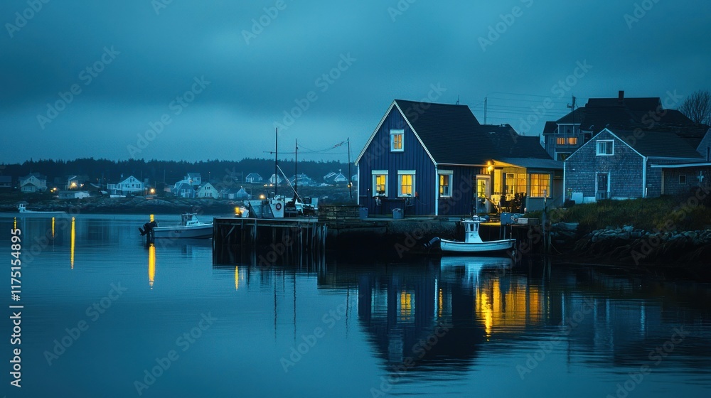 Coastal House Illuminated at Dusk by the Water Coastal House Illuminated at Dusk by the Water