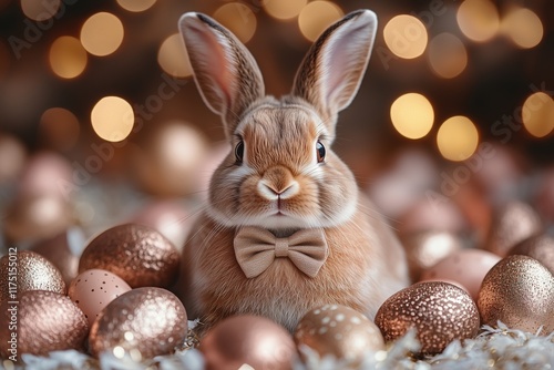 adorable Easter bunny in mocha brown color wearing a bow tie, surrounded with many ornate rose gold and muted mocha brown Easter eggs for 2025