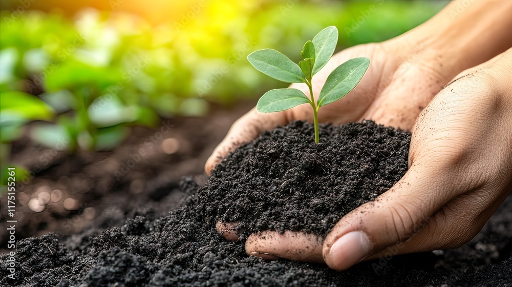 Hands gently holding a young sprout emerging from dark soil. Hands gently holding a young sprout emerging from dark soil.