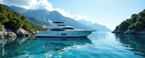 Yacht moored in a secluded bay with a mountain backdrop, bay, oceanview photo