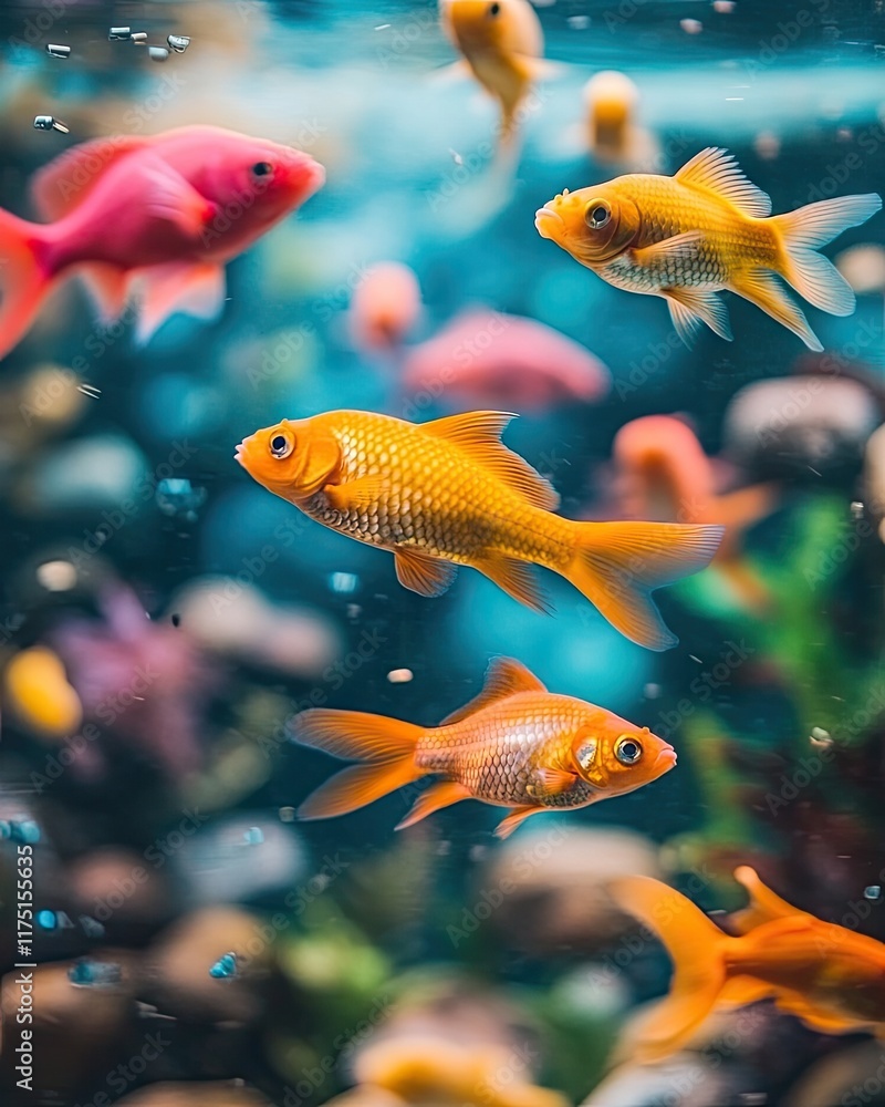 Naklejka premium A vibrant underwater scene featuring various goldfish swimming among colorful aquatic plants.