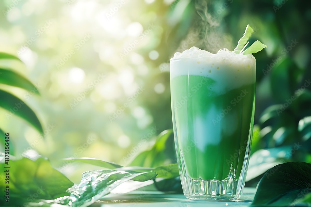 Refreshing Green Smoothie in a Glass, Surrounded by Nature Enjoy vibrant green juice in a glass, surrounded by fresh foliage and sunlight A refreshing glass of green juice Refreshing Green Smoothie in a Glass, Surrounded by Nature Enjoy vibrant green juice in a glass, surrounded by fresh foliage and sunlight A refreshing glass of green juice