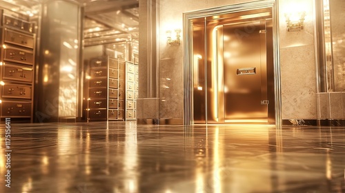 Luxurious bank vault interior with golden door and polished floor, showcasing rows of security deposit boxes. photo