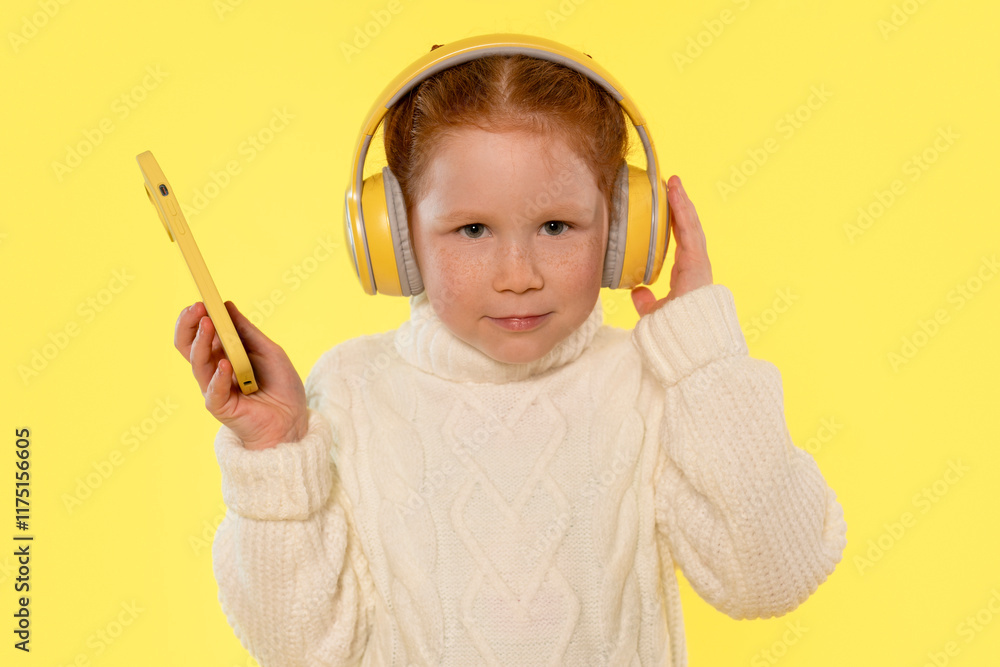 A child wearing a cozy white sweater enjoys music through yellow headphones A child wearing a cozy white sweater enjoys music through yellow headphones