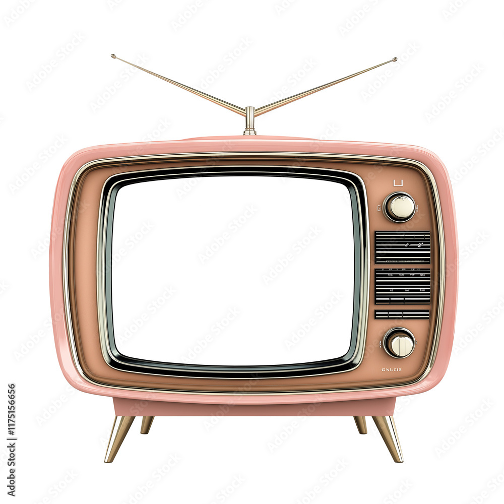 Vintage pink retro television with antenna and dials on transparent background