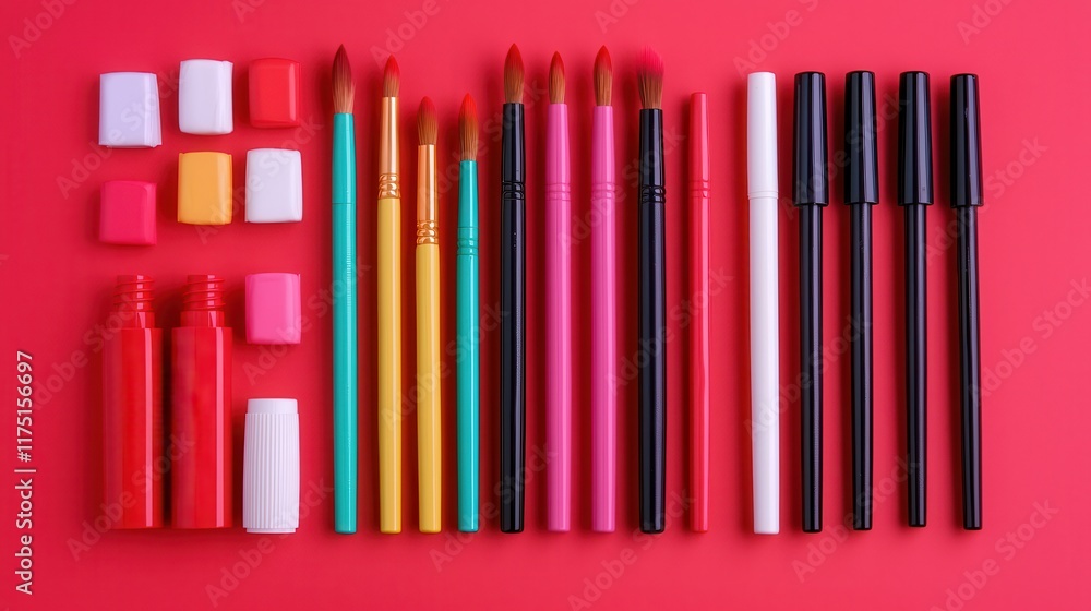 Summer school fosters learning and creativity. Colorful pens and markers arranged on a vibrant red background. Summer school fosters learning and creativity. Colorful pens and markers arranged on a vibrant red background.