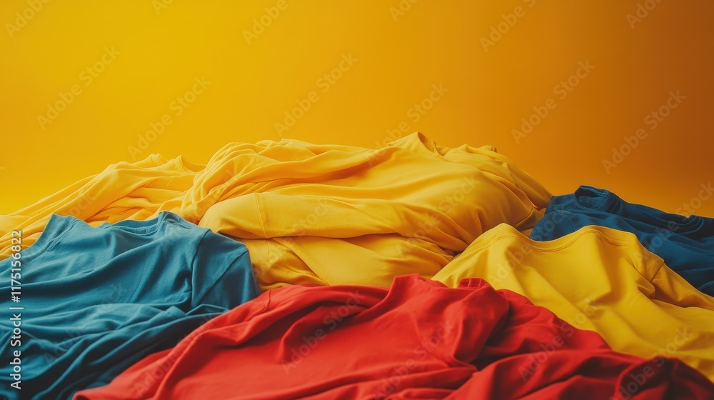 Red, yellow, and blue t-shirts in a pile. Perfect for fashion, retail, or textile themes. Red, yellow, and blue t-shirts in a pile. Perfect for fashion, retail, or textile themes.
